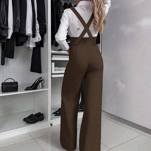 Coffee Brown Elegant Women's Spaghetti Strap Wide Leg Jumpsuit - Picture 5 of 6